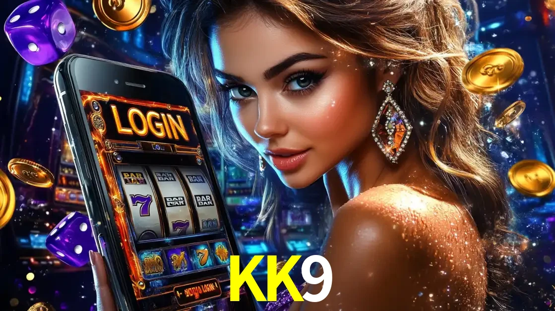 Mulher glamorosa segurando um smartphone com a tela de login para os jogos de caça-níqueis do cassino online KK9, com moedas de ouro e dados ao redor.