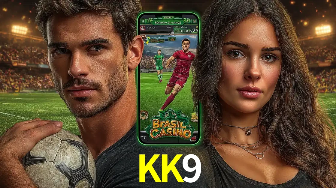 Homem segurando uma bola de futebol e uma mulher ao lado de um smartphone exibindo o jogo de apostas esportivas da KK9. Faça seu palpite no cassino online.